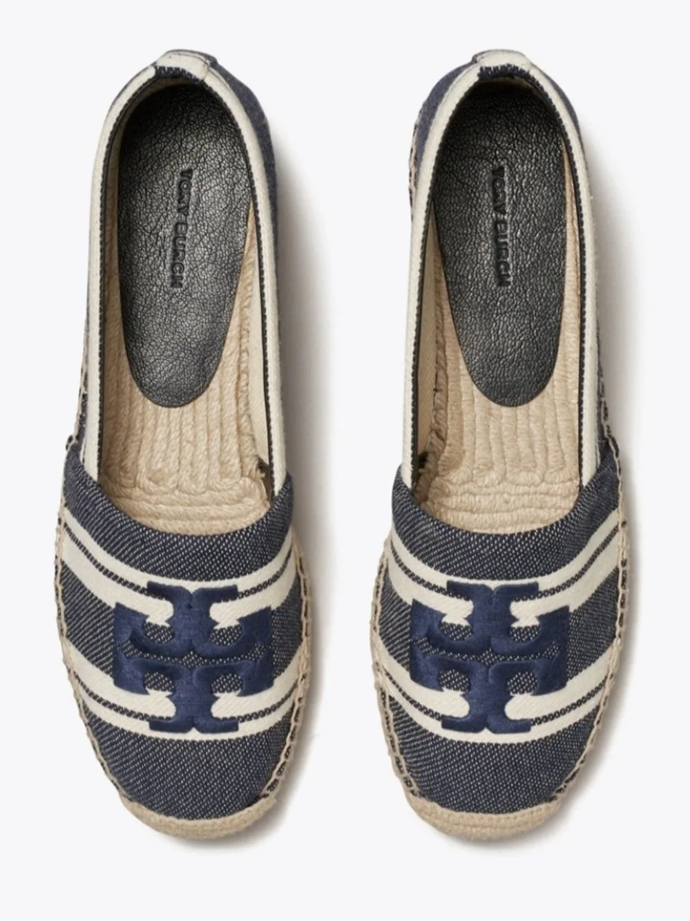 Tory Burch Blue White Double T Jacquard Espadrille Flats Slip-On Women's 11 M